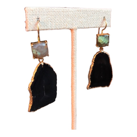 Labradorite and Black Agate Slice gold plated one of a kind wire back Earrings - Picture 3 of 8